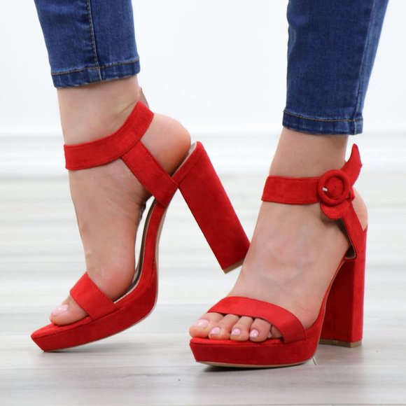 Faux Suede Red Platform Open Pointy Toe High Heels - Picture 14 of 14